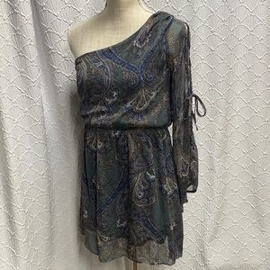Cecico size small One-Shoulder Dress with Blue‎ and Gray Paisley sheer lined
